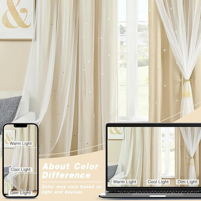 XiDi Beige Blackout Curtains for Bedroom 72 Inchs Long Room Darkening Double Layer Curtains Star Cut Out Design Grommet Drapes with Tiebacks for Girls Kids Living Room, 52 x 72 Inches, Set of 2