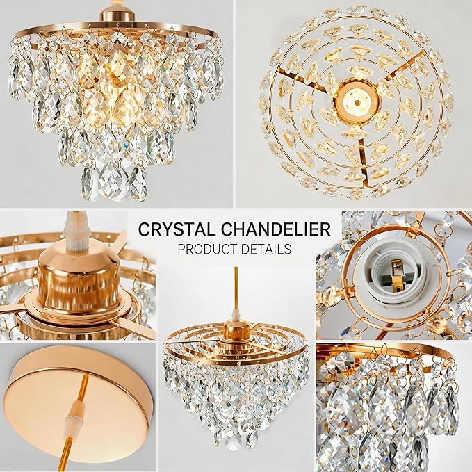 Mini Crystal Chandelier Small Modern Crystal Flush Mount Ceiling Light for Hallway Closet, E26 Base, K9 Crystal (Gold-Pendant)