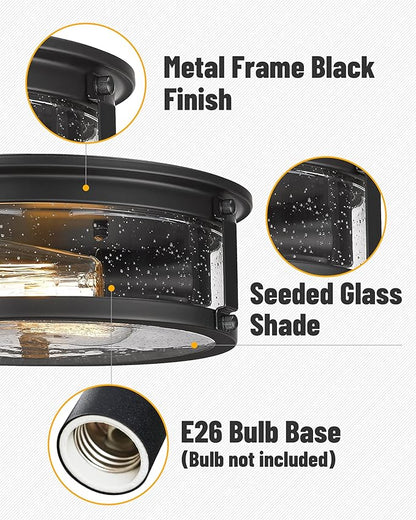 2-Light Flush Mount Light Fixtures，12inch Vintage Industrial Light Fixtures Ceiling Mount with Metal Cage for for Hallway Corridor Kitchen Bathroom Bedroom Passway - Black 2PK