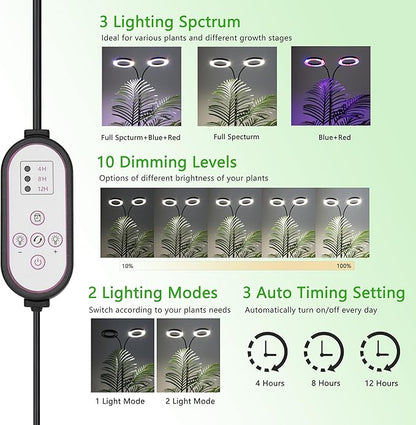Grow Light for Indoor Plants, 2-Head Full Spectrum LED Tall Plant Lights with Timer, 3 Color Modes Standing Floor Growing Lamp, 70" Height Adjustable, 10 Dimmable Levels for Large Plants