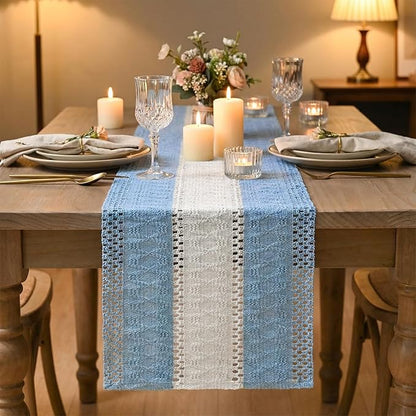 Artoid Mode Sky Blue Farmhouse Rustic Table Runner, Seasonal Hollow Kitchen Dining Table Decoration for Home Party Decor 12x36 Inch
