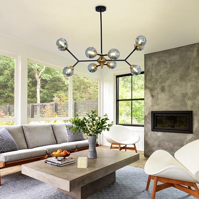 Depuley Glass Globe Sputnik Chandelier: 10-Light Modern Matte Black and Gold Ceiling Light Fixture - Vintage Hanging Chandeliers for Living Room Kitchen Dining Room Bedroom (Included G9 Bulbs)