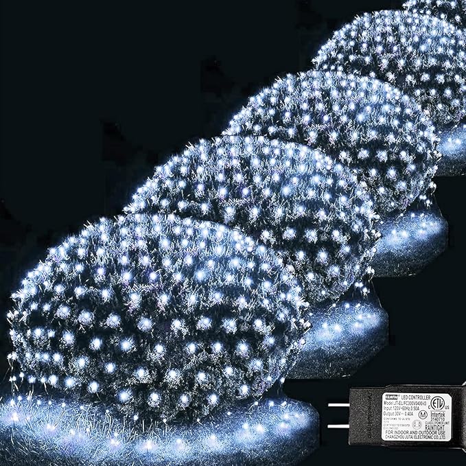 Pooqla 610 LED Christmas Net Lights, 34.5x5ft Outdoor Mesh Lighting, 8 Modes Waterproof Connectable Twinkle Strings for Bushes Yard Decor, Cool White