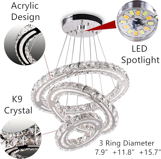 Modern Crystal Chandeliers DIY 3 Rings Dimmable Ceiling Light Fixture LED Pendant Lamp for Kitchen Dining Room Living Room Bedroom 180mm Base 153 Crystals (Dimmable)
