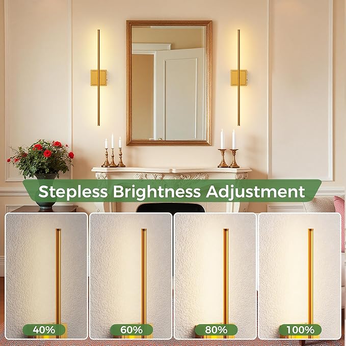 DORESshop Battery Operated Wall Sconces Set of 2, Dimmable Battery Wall Sconce with Remote Control, Brass 350°Rotate Rechargeable Sconces, 28.1 Inch Wireless Wall Lights for Bedroom, Living Room
