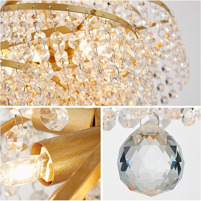 WUZUPS Crystal Chandelier Semi Flushmount Ceiling Light Modern Lighting Fixture for Bedroom Hallway Bar Kitchen Bathroom, H 14.7" x W 14.7", Gold, G9 Base
