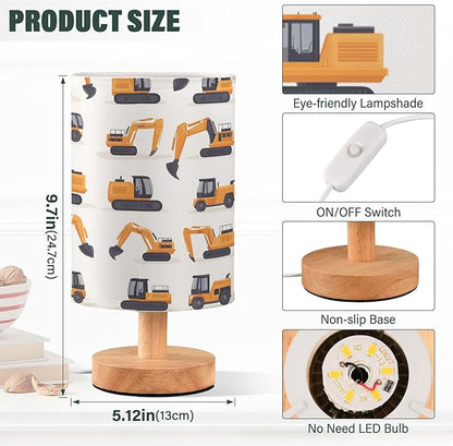 Table Lamp Cute Excavator Construction Car Pattern Nightstand Lamp with Wood Base Fabric Lamp Shade Bedside Desk Lamp for Living Room Bedroom Kids Room Office