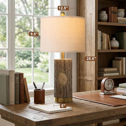 OYEARS 25.5'' Rustic Farmhouse Table Lamps, Faux Wood Tree Bark Lamps with Gold Base, Bedside Lamps Set of 2 with A+C Charging Ports, Retro Nightstand Lamps for Living Room Bedroom Hallway Decor Brown