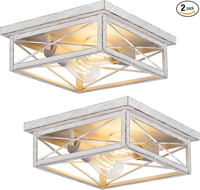 White Hallway Light Fixtures for Ceiling, 2-Light Farmhouse Industrial Flush Mount Ceiling Lights, 2-Pack Metal Kitchen Light Fixtures, Square Close to Ceiling Lights for Bedroom Living Room Entryway