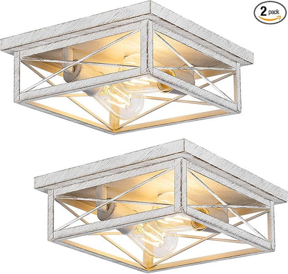 White Hallway Light Fixtures for Ceiling, 2-Light Farmhouse Industrial Flush Mount Ceiling Lights, 2-Pack Metal Kitchen Light Fixtures, Square Close to Ceiling Lights for Bedroom Living Room Entryway