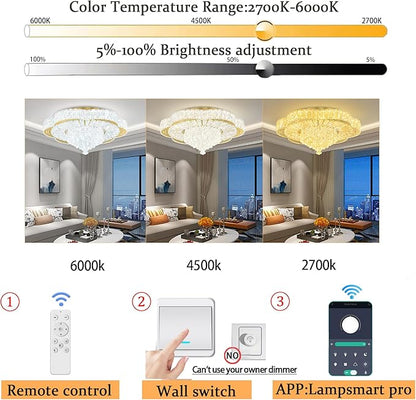 24in Gold Crystal Chandeliers for Living Room Dining Room Crystal Ceiling Light Fixtures Modern LED Flush Mount Light Dimmable 2700k-6000k