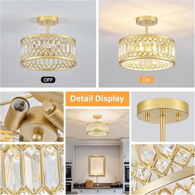 YURNYQ Crystal Ceiling Light Fixture, Modern Semi Flush Mount Light, Gold Lighting Fixtures Ceiling Chandelier for Kitchen, Bedroom, Dining Room, Hallway, 3-Light, 12.2 Inch
