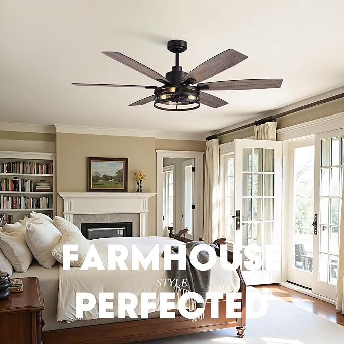 Farmhouse 60 Inch Ceiling Fan with Remote and App Control, Quiet 6-Speed Reversible DC Motor, Black Cage Design for Bedroom, Living Room, Covered Patio