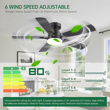 48” Ceiling Fans with Lights, Flush Mount Ceiling Fan with Light And Remote/APP, Low Profile Ceiling Fan with Light, Reversible, 6 Speed Noiseless LED Ceiling Fan, Black Ceiling Fan for Bedroom