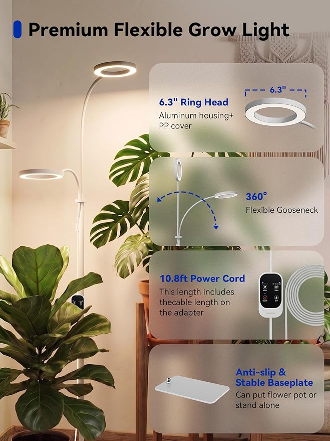 GLOWRIUM Grow Lights for Indoor Plants, 36W Full Spectrum 2-Head LED Plant Light with Stand, Adjustable Height, 3/9/12H Timer, 6 Dimmable Levels & 3 Lighting Modes (White-Double Head)