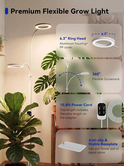 GLOWRIUM Grow Lights for Indoor Plants, 36W Full Spectrum 2-Head LED Plant Light with Stand, Adjustable Height, 3/9/12H Timer, 6 Dimmable Levels & 3 Lighting Modes (White-Double Head)