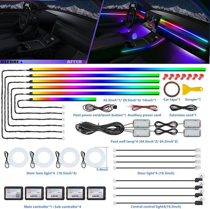 Dreamcolor Acrylic Interior Car LED Strip Light with Wireless APP, RGB 22 in 1 with 175 inches 600 LEDs Fiber Optic Car Ambient Lighting Kits, Music Sync Function Neon LED Strip for Car Accessories