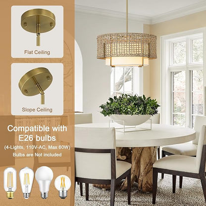 19.7" Rattan Chandelier for Dining Room, 4-Light Boho Hand Woven Pendant Light with Fabric Shade, Rustic Hanging Ceiling Light Fixture for Living Room, Kitchen Island, Bedroom, Hallway, Foyer