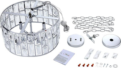 MEXO Farmhouse Crystal Convertible Chandelier and Semi Flush Mount Lighting Chrome Cylinder Drum Shade Pendant for Kitchen Island Dining Room Bedroom Hallway