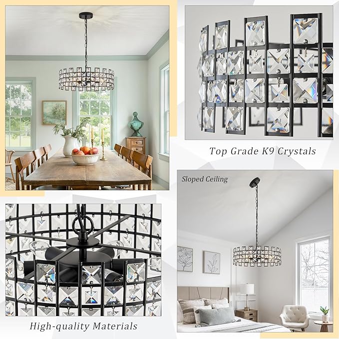 CATINER Black Crystal Semi Flush Mount Ceiling Light, 18'' Modern 6-Light Chandelier with G9 Base, Adjustable Crystal Ceiling Light Fixture for Dining Room, Bedroom, Entryway, Kitchen Island