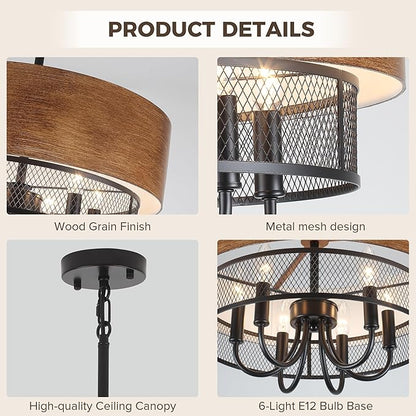 Farmhouse Drum Chandelier for Dining Room, 18" Rustic Black Chandelier with Wood Grain Finish, 6-Light Round Drum Hanging Chandelier Light Fixture for Entryway, Foyer, Living Room, Kitchen, Bedroom