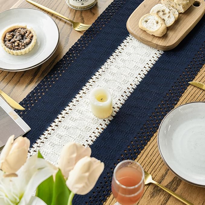 Artoid Mode Dark Blue Farmhouse Rustic Table Runner, Seasonal Hollow Kitchen Dining Table Decoration for Home Party Decor 12x48 Inch