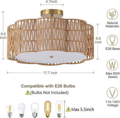 17.7" Rattan Ceiling Light Flush Mount, 3-Light Boho Close to Ceiling Light Fixtures, Rattan Bedroom Ceiling Light Farmhouse Large Drum Chandelier for Dining Room Kitchen Hallway(3-Tier Yellow)