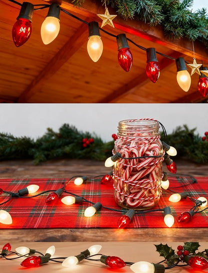 C9 Red and White Christmas String Lights 25Ft C9 Outdoor Christmas Decorations Lights with 26 Red Frosted White Bulbs, Vintage Christmas Light Waterproof for Patio Roofline Party Holiday Garden