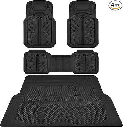 CAR PASS Floor Mats for Cars M-L Size, Heavy Duty Rubber Floor Mats with Trunk Cargo Liner, Universal Trim-to Fit Automotive Floor mats for Truck Van SUV Waterproof All Weather Car Mats Solid Black