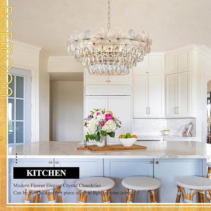 11 Lights Modern Flower Elegant Crystal Chandelier 6-Tier 24" Luxury Gold Chandelier Light Fixture for Living Dining Room Kitchen Entryway Bedroom Foyer, E12
