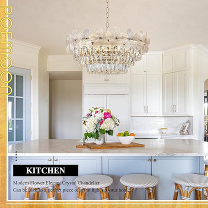 11 Lights Modern Flower Elegant Crystal Chandelier 6-Tier 24" Luxury Gold Chandelier Light Fixture for Living Dining Room Kitchen Entryway Bedroom Foyer, E12