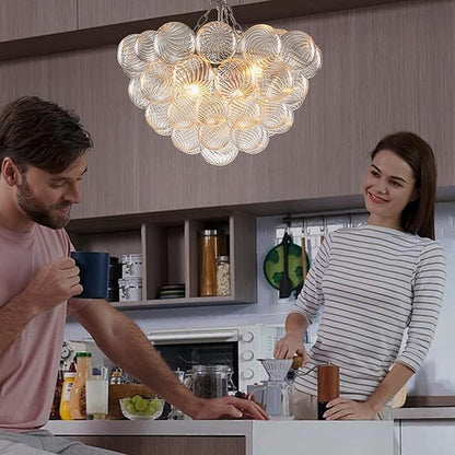Hand Blown Glass Bubble Ball Chandelier Nickel-Plated 20" Small Pendant Lights Swirled Art Deco Cluster Ribbed Globe Blown Glass Chandeliers for Dining Room Bathroom Entry Bedroom