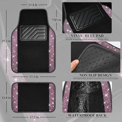 CAR PASS Bling Diamond Car Floor Mat Shining Rhinestones Carpet, Sparkly Glitter Crystal Anti-Slip PVC Heel Pad Automotive Universal Fit for SUV Sedan Car Van, 4pcs for Girl Cute Women, Black Pink