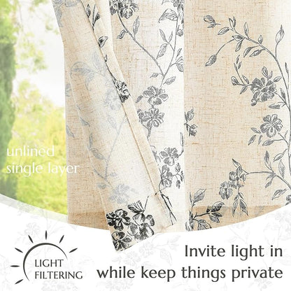jinchan Floral Linen Kitchen Curtains with Attached Valance 24 Inch Length Farmhouse Cafe Tier Curtains for Living Room Bathroom Rustic Half Window Light Filtering Small Drapes 2 Panels Black