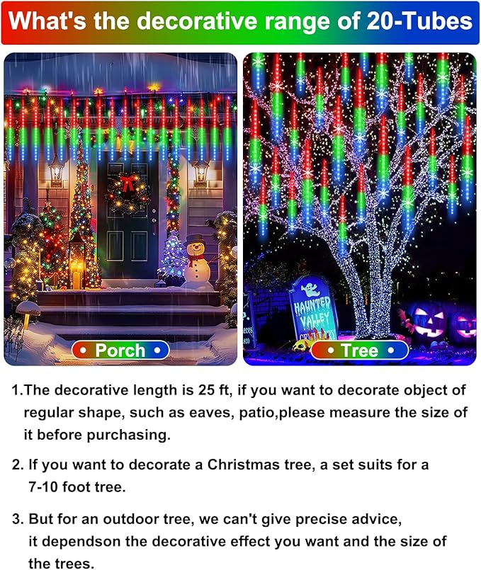 EAGWELL Christmas Lights Outdoor UL Certified Meteor Shower Light 16 Inch 20 Tubes 960 LED Falling Rain Drop Icicle Snow Cascading Lighting for Xmas Tree Wedding Party Garden Decoration, Colorful