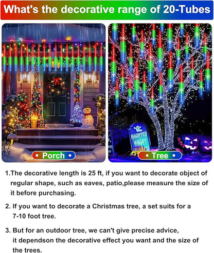 EAGWELL Christmas Lights Outdoor UL Certified Meteor Shower Light 16 Inch 20 Tubes 960 LED Falling Rain Drop Icicle Snow Cascading Lighting for Xmas Tree Wedding Party Garden Decoration, Colorful