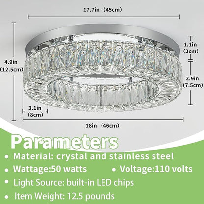 HOPGGIE 18 Inch Crystal Chandelier LED Ceiling Light Flush Mount Ceiling Light Fixtures Luxury Large Chandelier Light for Living Room Bedroom Dining Room Closet (Cool White)