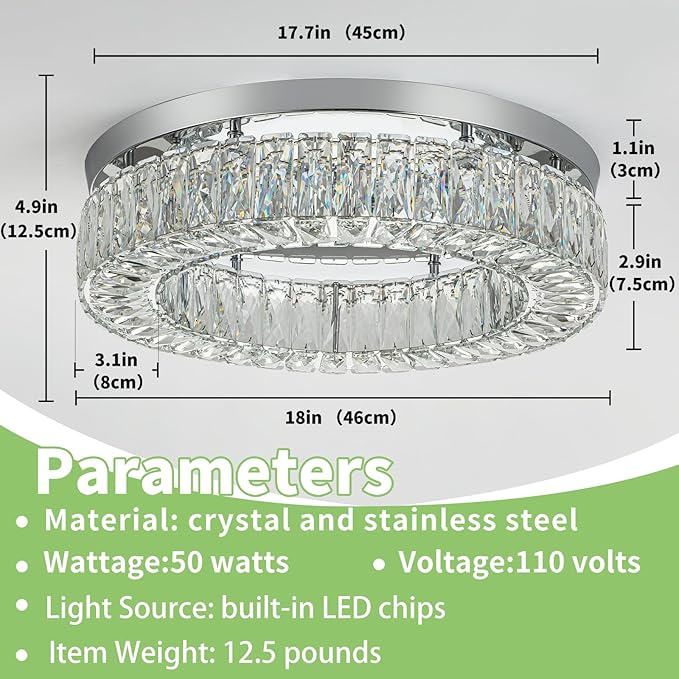 HOPGGIE 18" Dimmable Chandelier with Remote Control LED Ceiling Light Flush Mount Ceiling Light Fixtures Large Crystal Chandeliers Light for Living Room Bedroom Dining Room (dimmable)