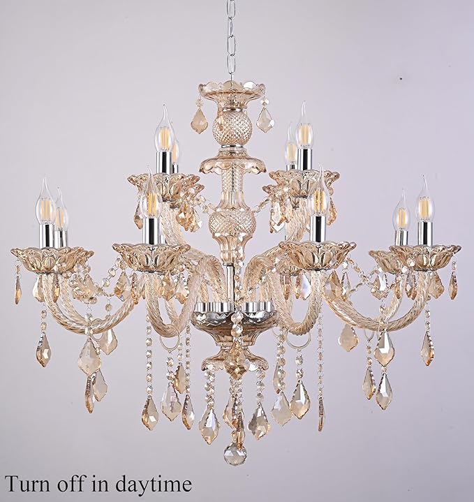 Modern Cognac Crystal Chandelier Lighting, K9 Crystal Light Fixtures 12-Light,Luxury Crystal Chandeliers Lighting 2-Tier Candle Crystal Pendant Light for Living Room Lobby Stair (12 Lights)