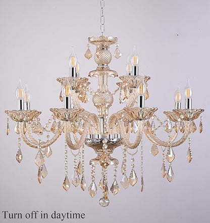 Modern Cognac Crystal Chandelier Lighting, K9 Crystal Light Fixtures 12-Light,Luxury Crystal Chandeliers Lighting 2-Tier Candle Crystal Pendant Light for Living Room Lobby Stair (12 Lights)