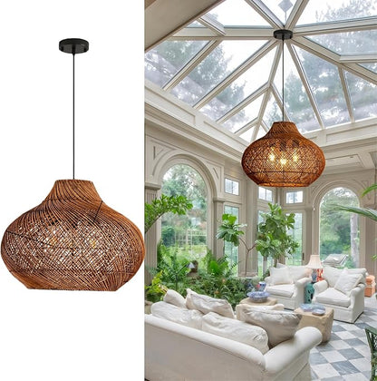 18.9IN Boho Rattan Chandelier 3-Lights Hand-Woven Rattan Pendant Light Farmhouse Wicker Dining Room Light Hanging Bamboo Pendant Light Fixture for Kitchen Island Living Room Hallway Reataurant