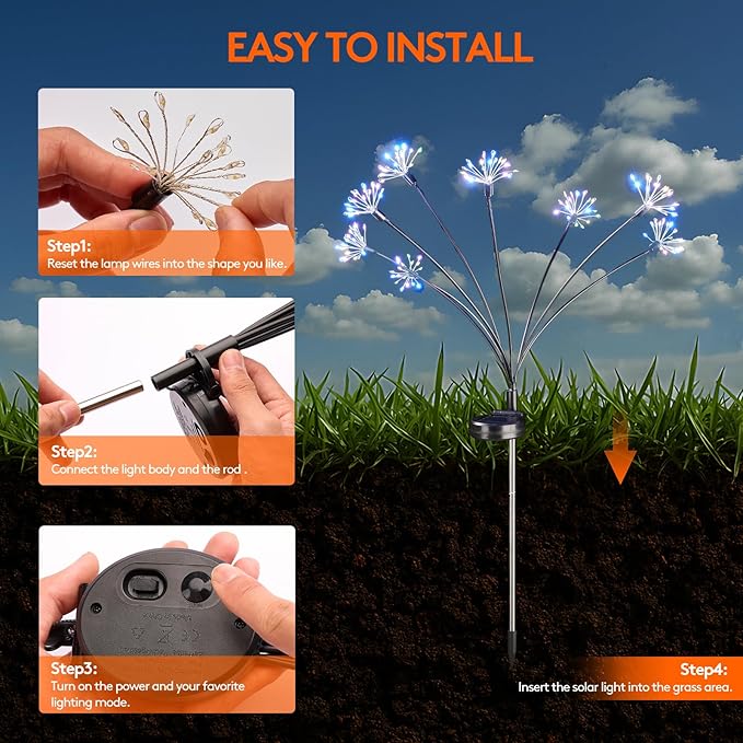 Solar Garden Lights, Firework Starburst Ground Plug Lights 2 Packs, 160 LED Solar Powered Waterproof Firefly Light for Outdoor Garden, Patio, Yard, Flowerbed Decor, Colorful