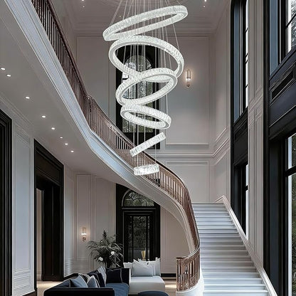 Finktonglan 6-Ring Crystal LED Chandelier, Cool White 6000K Modern Pendant Light, Adjustable Height up to 118", K9 Stainless Rings (Ø7.9–27.6"), Non-Dimmable for Foyer Stair Living Room