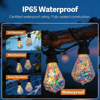 Outdoor String Lights, 66FT 27 LED Iridescent Holographic Bulbs, Waterproof Patio Lights with Remote Control, Shatterproof Connectable Lights for Backyard, Porch, Garden, and Party