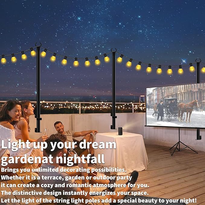 8 Pack String Light Poles for Deck,5 Ft String Light Poles for Outside with Fixing Clips,Metal Poles for Outdoor String Lights, Hanging Light Poles for Fence Garden Backyard Wall Bistro