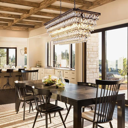 Wellmet Dining Room Crystal Chandelier, 48 Inch Antique Bronze Rectangle Chandeliers, 9 Lights Luxury Large Farmhouse Hanging Ceiling Light Fixtures for Kitchen Island, Living Room, Entryway