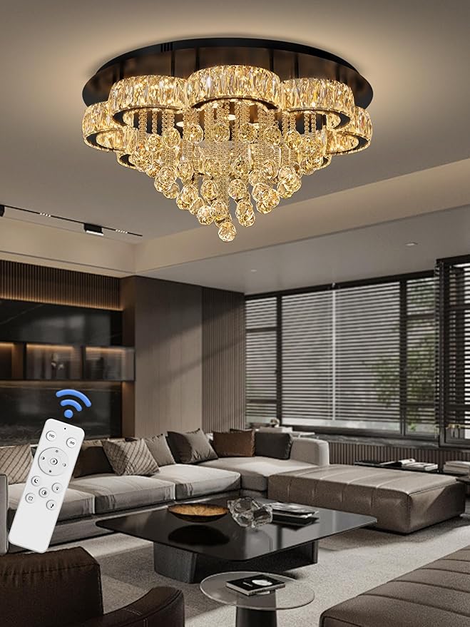 Flashing God W32inches Modern Black Chandeliers Raindrop Crystal Ceiling Lighting Fixture Flush Mount Chandelier for Living Room Hallway Dining Room Kitchen Bedroom