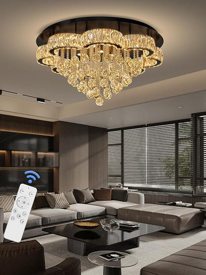 Flashing God W32inches Modern Black Chandeliers Raindrop Crystal Ceiling Lighting Fixture Flush Mount Chandelier for Living Room Hallway Dining Room Kitchen Bedroom