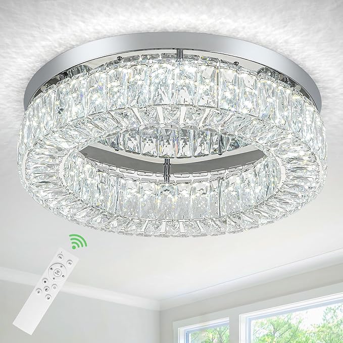 HOPGGIE 18" Dimmable Chandelier with Remote Control LED Ceiling Light Flush Mount Ceiling Light Fixtures Large Crystal Chandeliers Light for Living Room Bedroom Dining Room (dimmable)