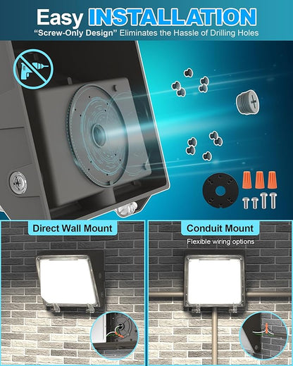 AKK 80W 60W 40W LED Wall Pack Light with Photocell, 12000LM 150LM/W, 3 Wattage & 3 CCT Selectable (4000K/5000K/5700K), 100-277V IP65 Outdoor for Parking Lots, Warehouse, Security Lighting | ETL Listed